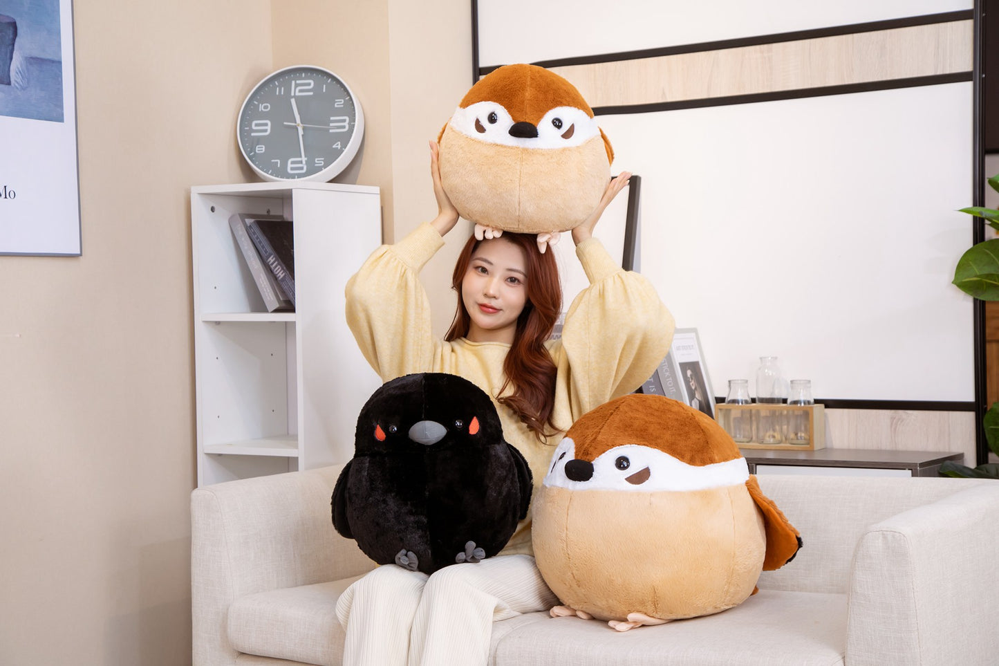 Cute Spherical Sparrow & Crow Plush Cushion Pillow (35/40 cm)