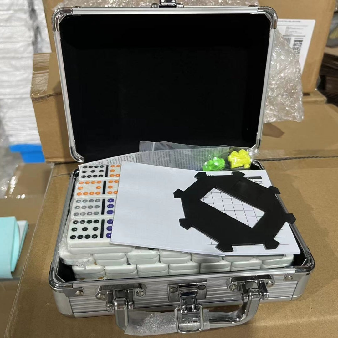 Aluminum Case Mexican Train Dominoes Set With Trains & Score Pads