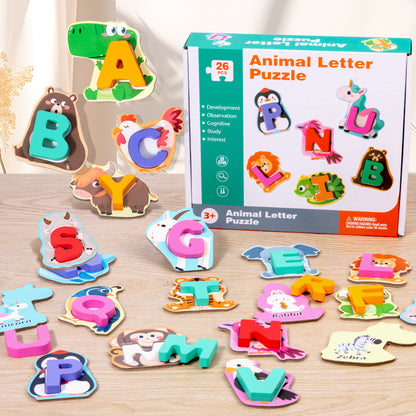 Animal letter puzzle set with colorful letters and animal illustrations on a wooden surface.