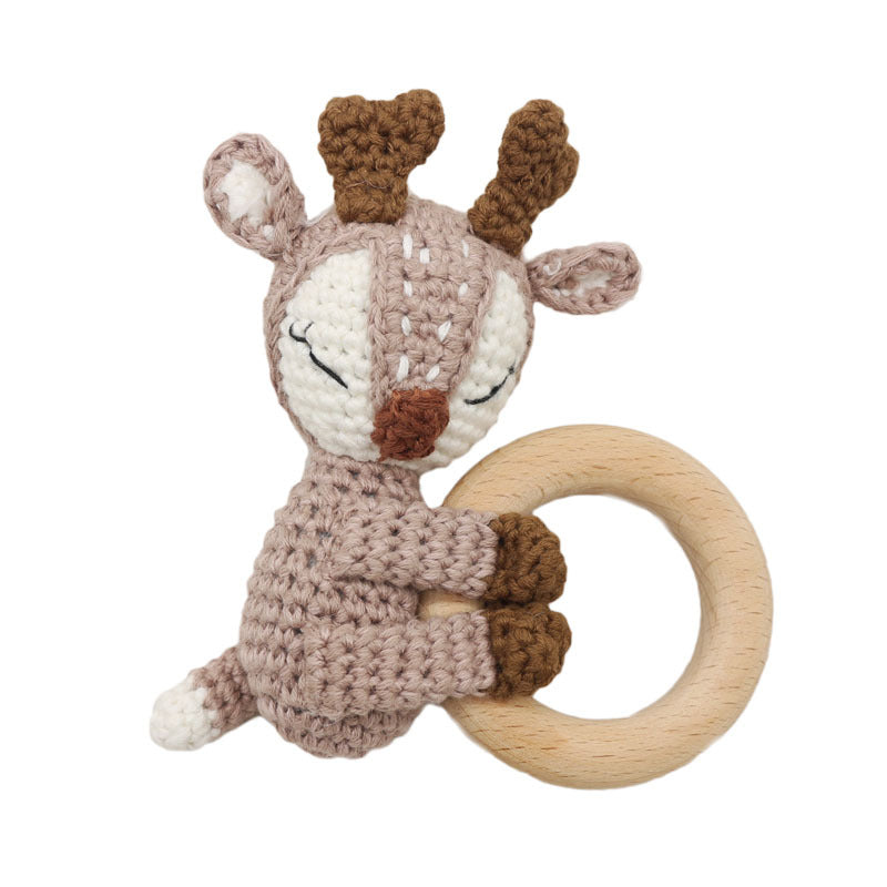 Handmade Crochet Fox or Elk Teether Rattle with Beech Ring