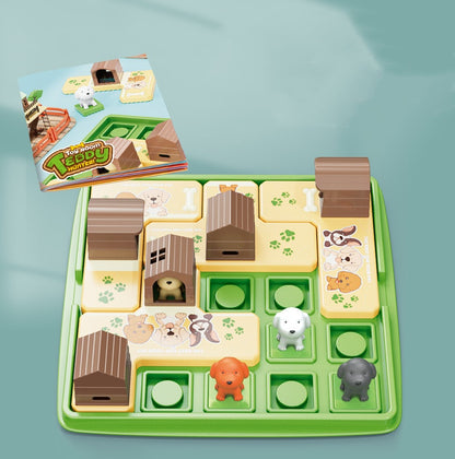 Children's educational toy with animal houses and figures on a green base