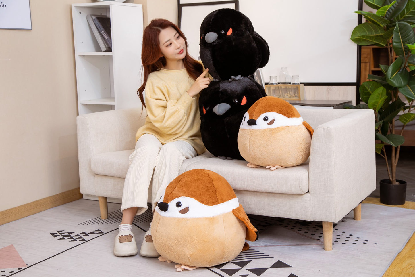 Cute Spherical Sparrow & Crow Plush Cushion Pillow (35/40 cm)