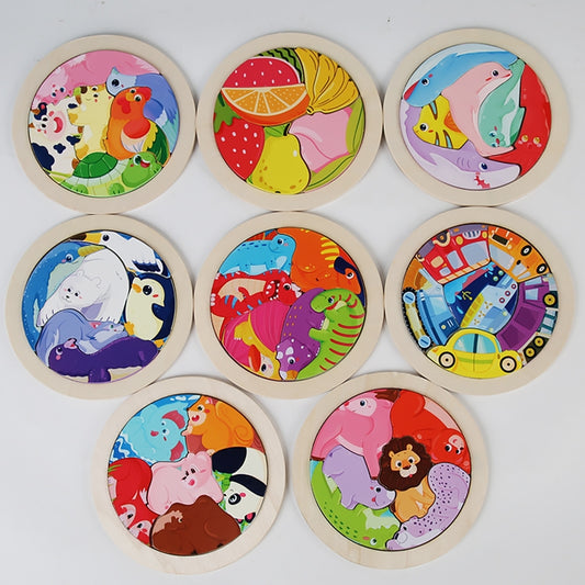 Family playing with educational animal-themed coasters on a table.
