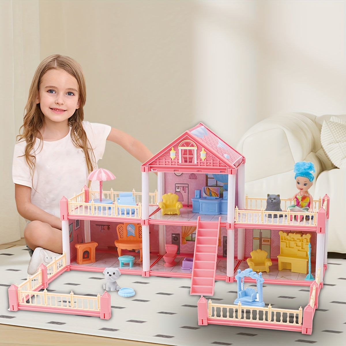 DIY Two-Story 4-Room Pink Doll House Kit with 123 Pieces
