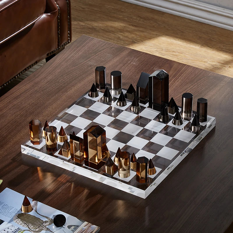 Handmade Crystal Chess Set with Geometric Pieces, 37 cm Board