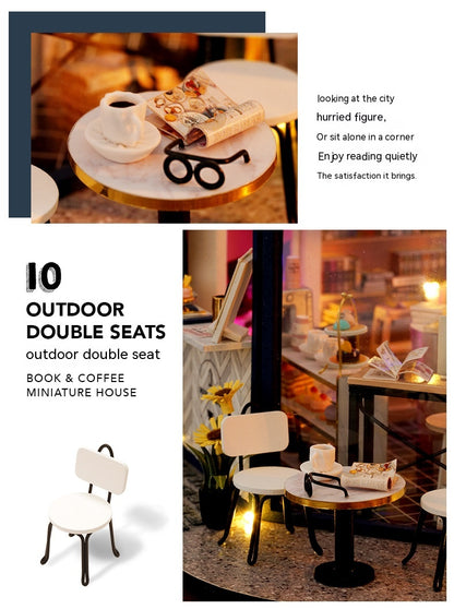 Collage of outdoor double seats with a table, coffee, and book, set against a café interior.