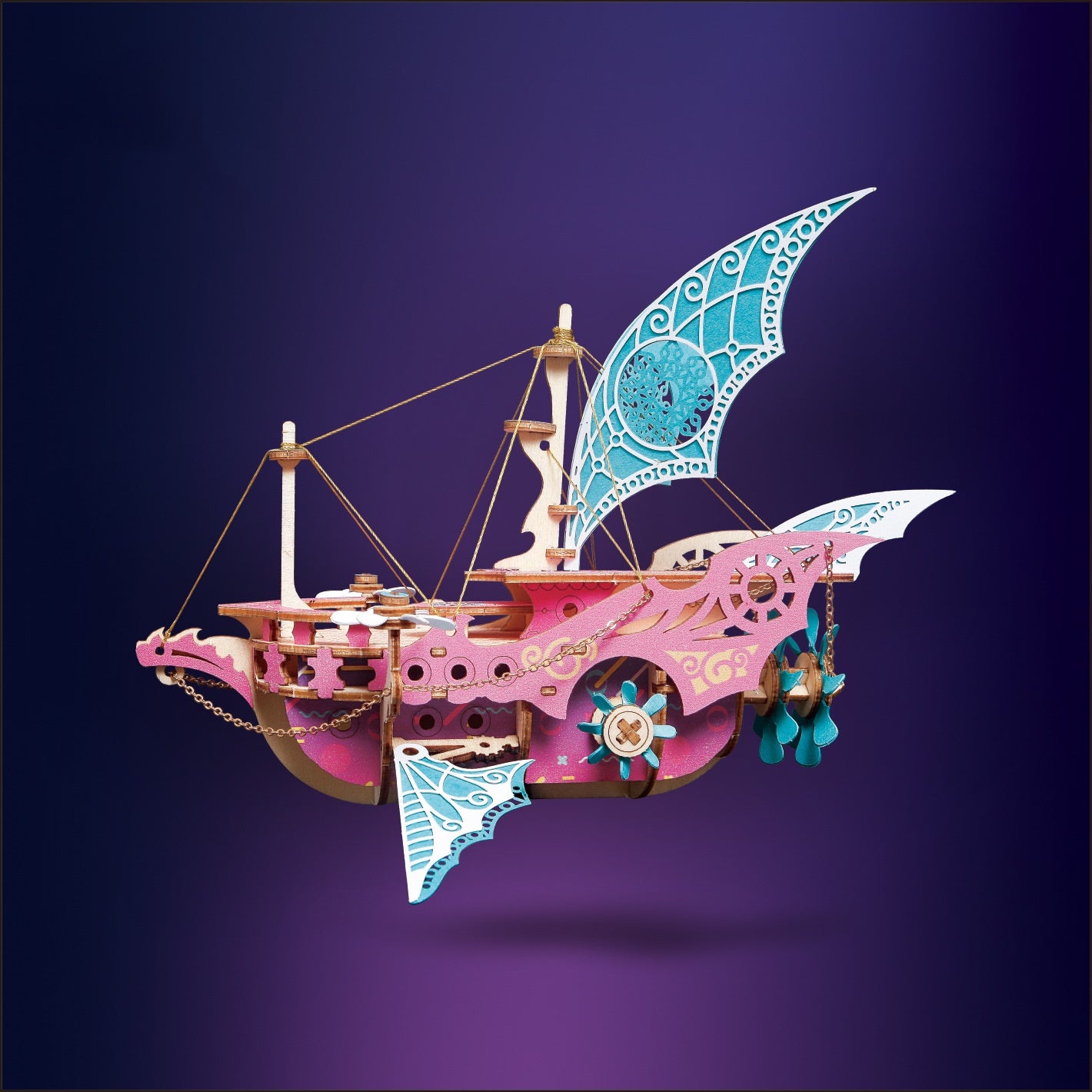 Colorful ship model with intricate design on a purple background