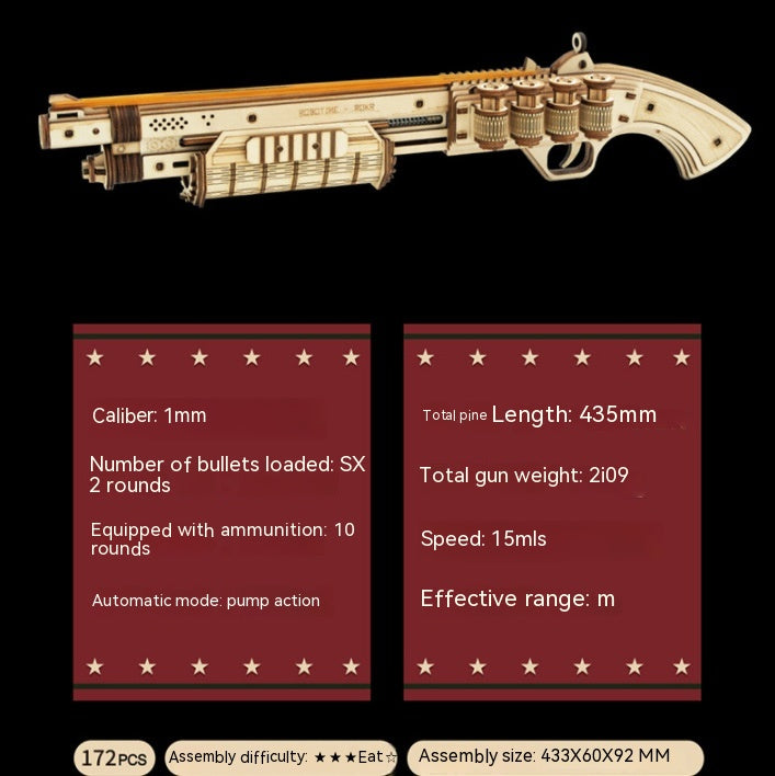 Wooden toy gun with specifications on a black background