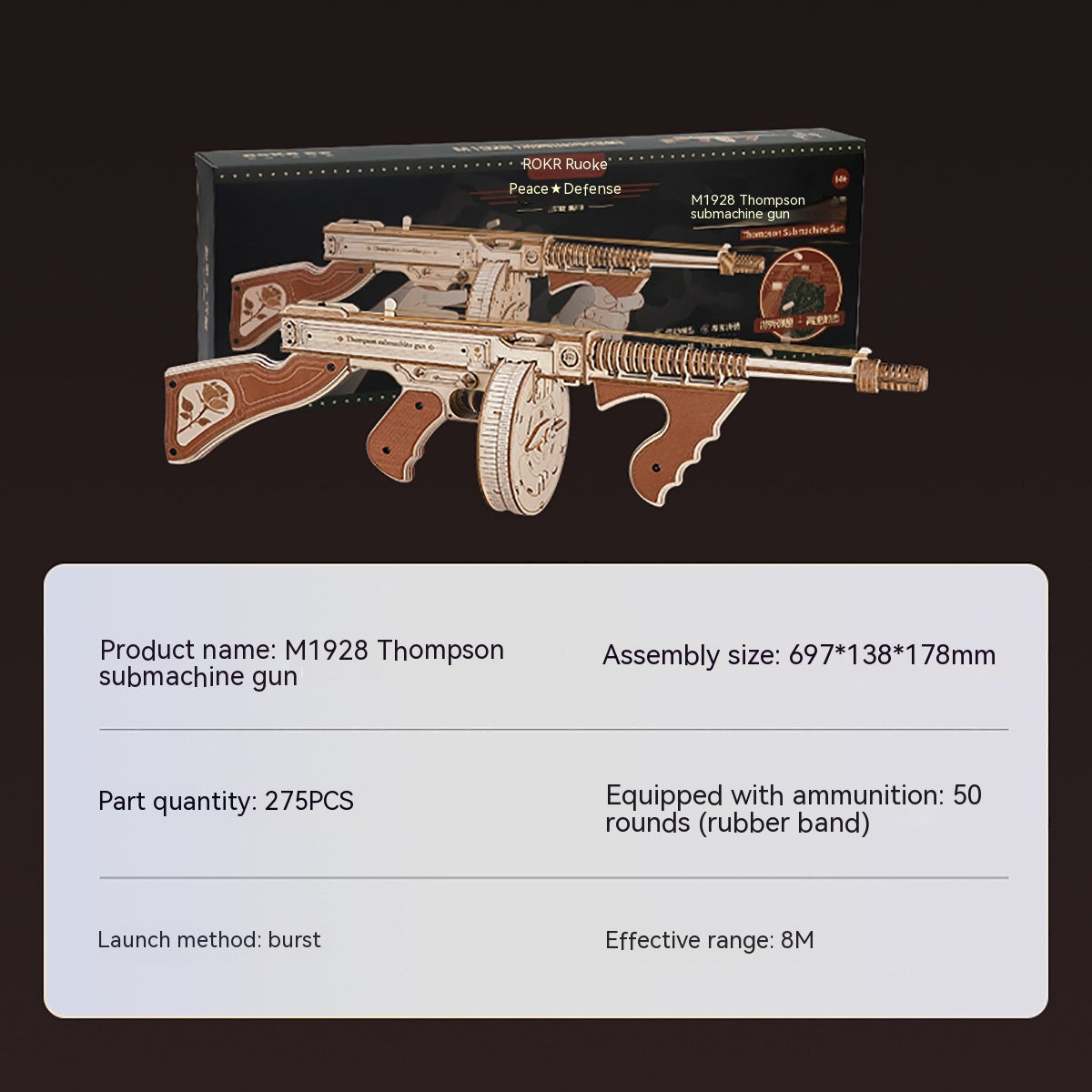Model of M1928 Thompson submachine gun with packaging on a dark background