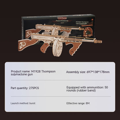 Model of M1928 Thompson submachine gun with packaging on a dark background