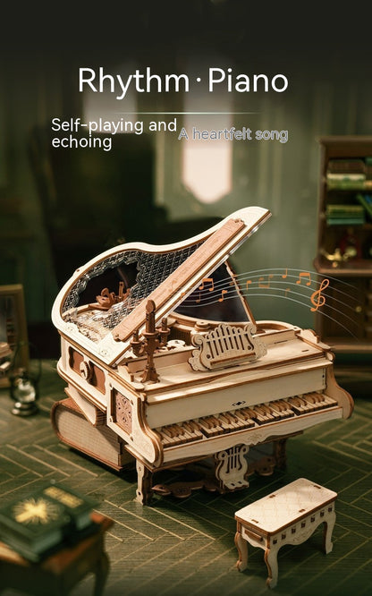 Wooden model of a grand piano with musical notes on a dark background
