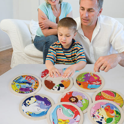 Family playing with educational animal-themed coasters on a table.