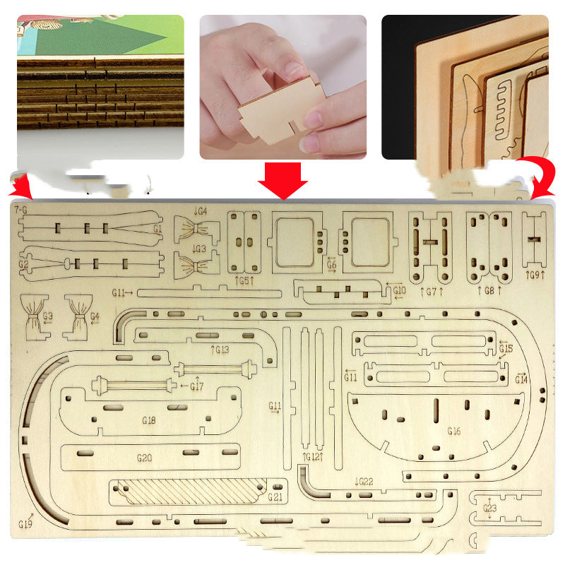 Wooden model kit with detailed parts and assembly instructions, showing a hand holding a piece.